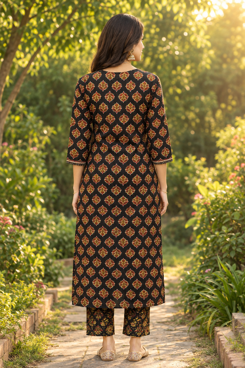 Black Block Print Cotton Kurta Set with Mirror Work Yoke and Dupatta