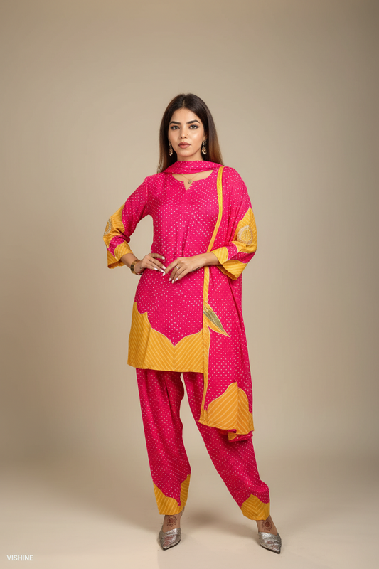 Designer Printed Kurta Set with Farshi Salwar & Dupatta