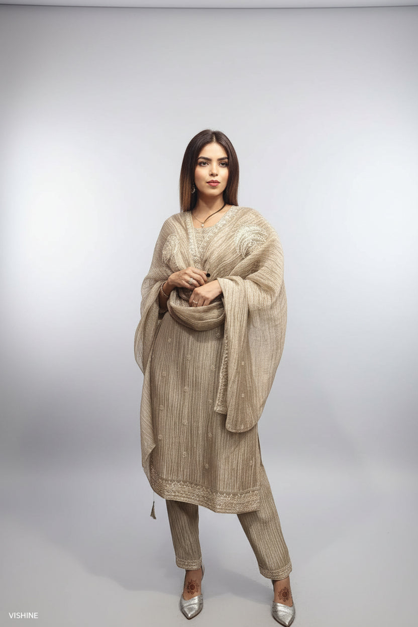 Champagne Gold Embroidered Designer Suit Set with Dupatta