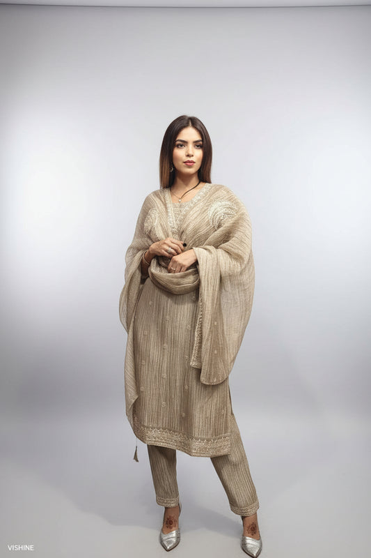 Champagne Gold Embroidered Designer Suit Set with Dupatta