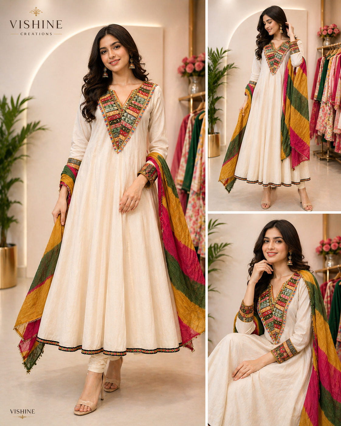 Cotton Mul Anarkali Suit with Handcrafted Embroidery & Multicolor Dupatta