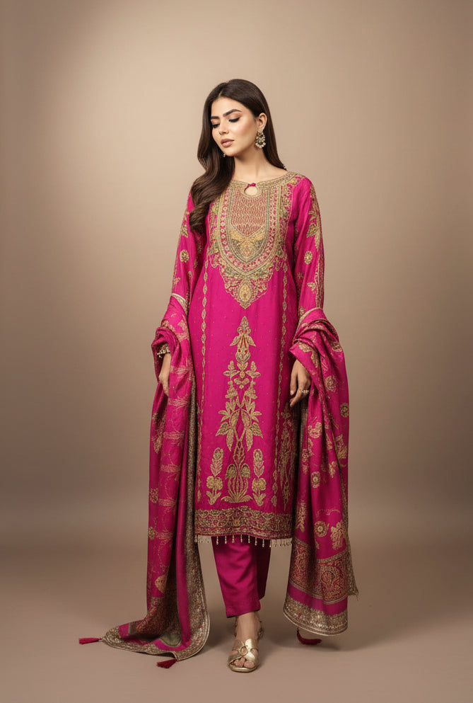 Magenta Silk Embroidered Kurta Set with Dupatta – Zari Work Salwar Suit