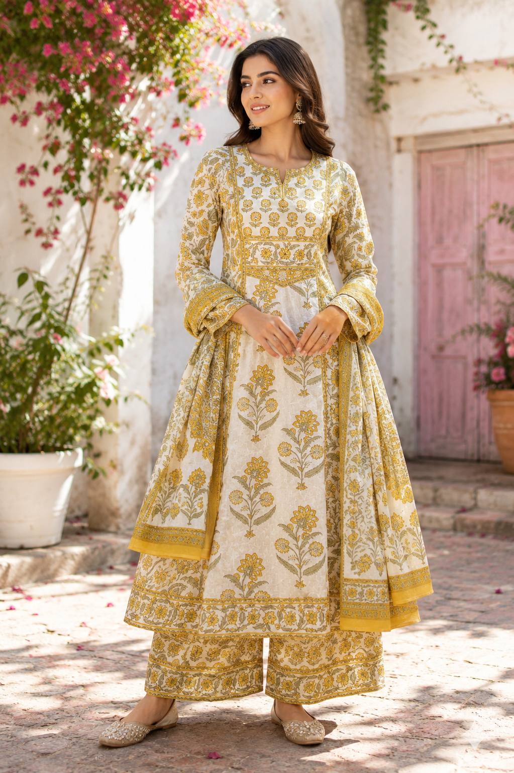 Mustard Floral Printed Cotton Suit Set with Dupatta & Palazzo