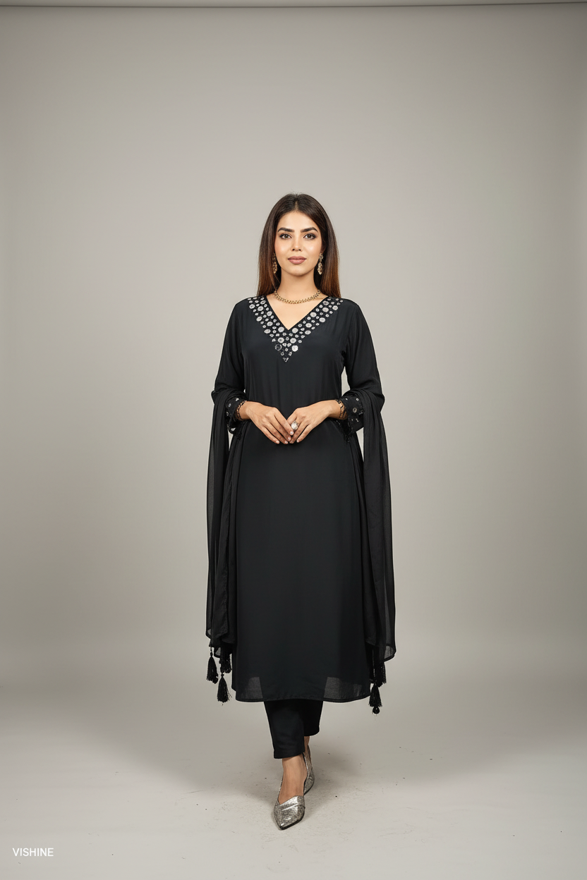 Black Pure Crepe Mirror Work Designer Suit Set