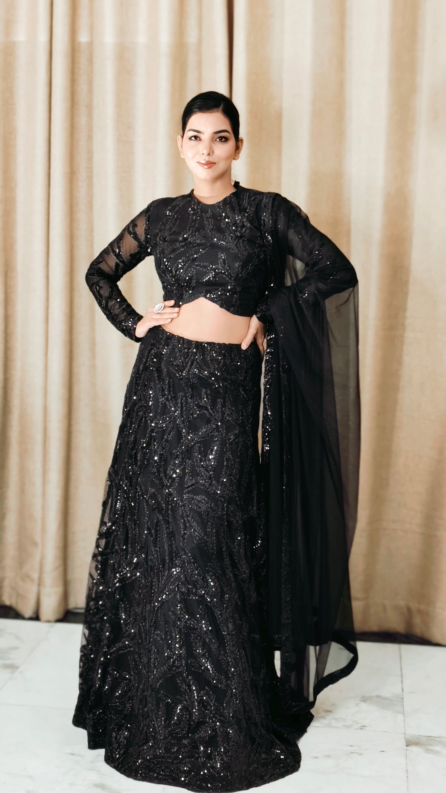 VISHINE Black Net Sequin Lehenga Set