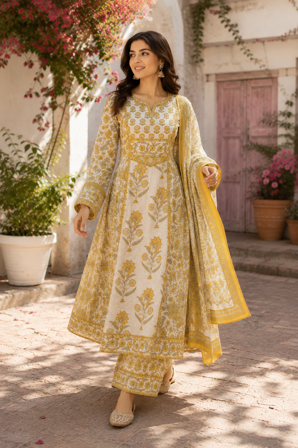 Mustard Floral Printed Cotton Suit Set with Dupatta & Palazzo