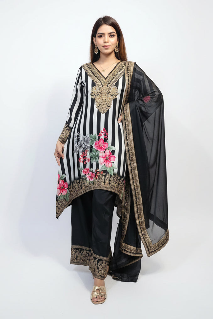 Black & White Pure Crepe Embroidered Designer Suit Set with Dupatta