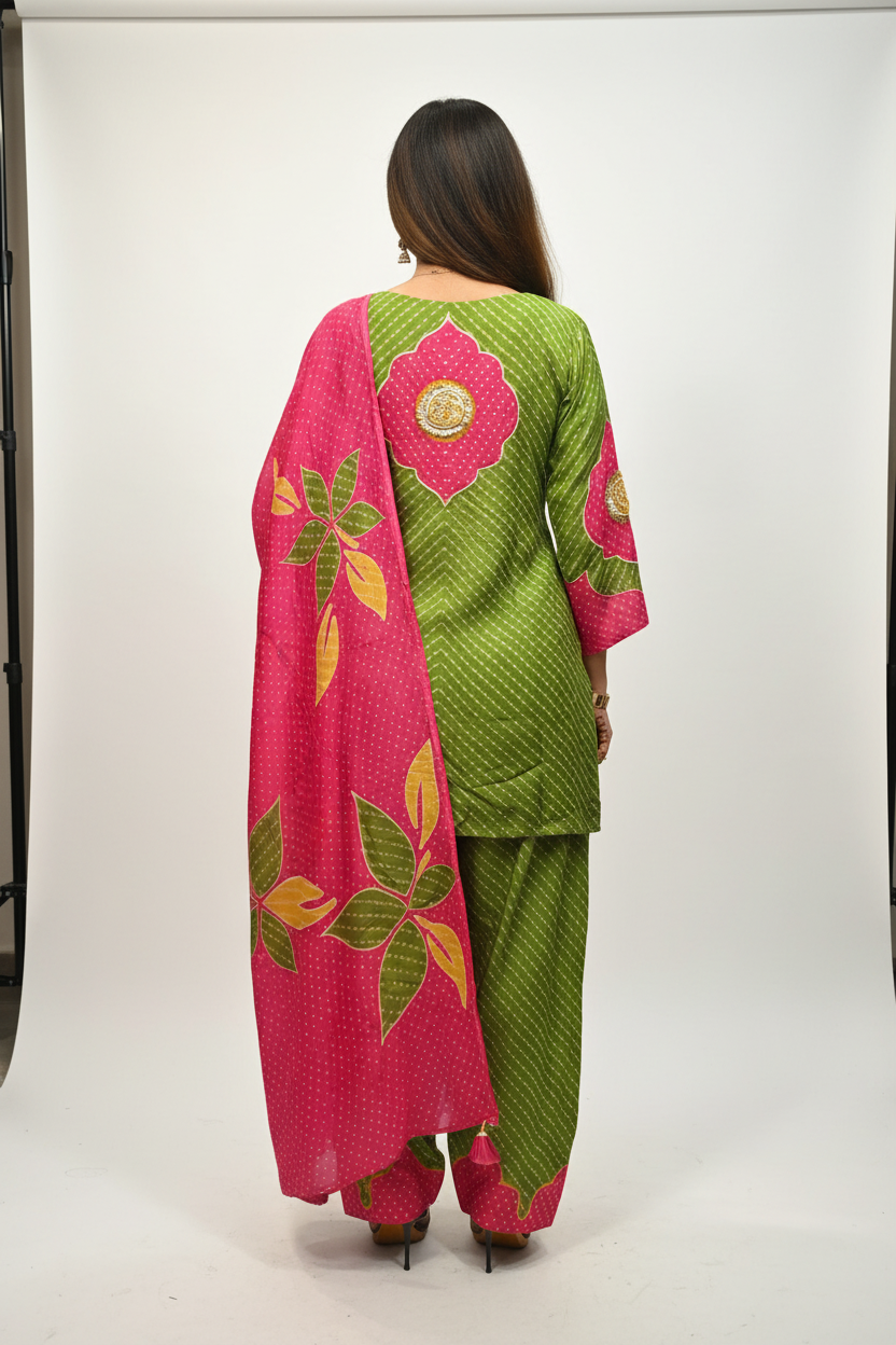 Designer Printed Kurta Set with Farshi Salwar & Dupatta