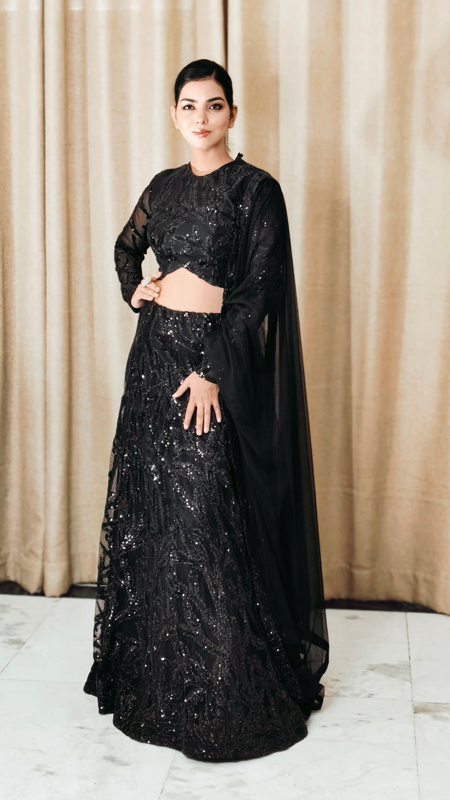 VISHINE Black Net Sequin Lehenga Set