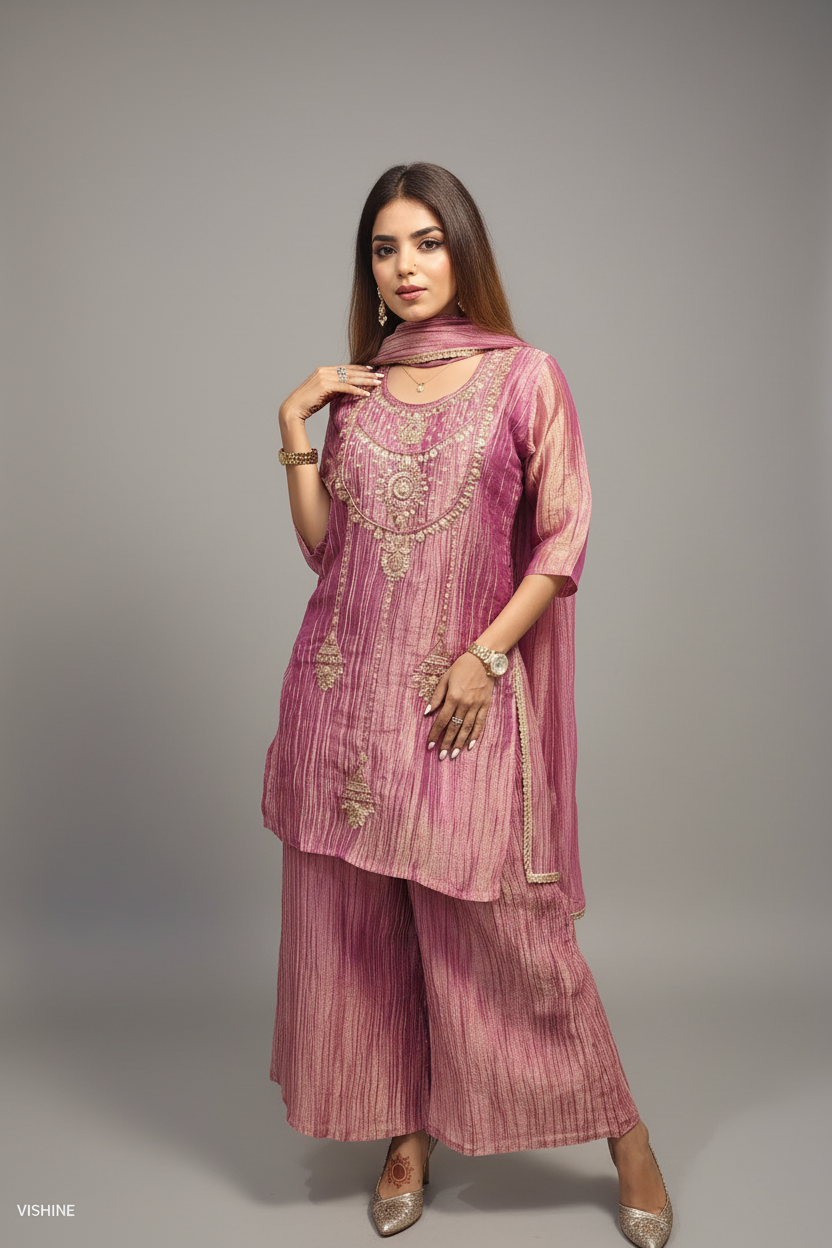 Elegant Rose Pink Embroided Suit with Palazzo