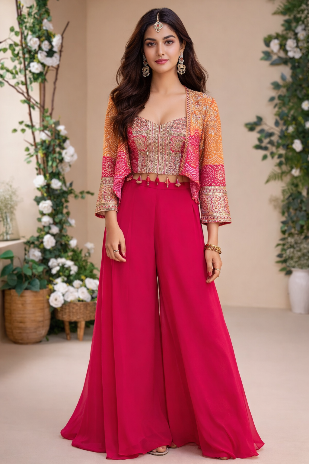 Pink Embroidered Indo-Western Palazzo Set with Jacket