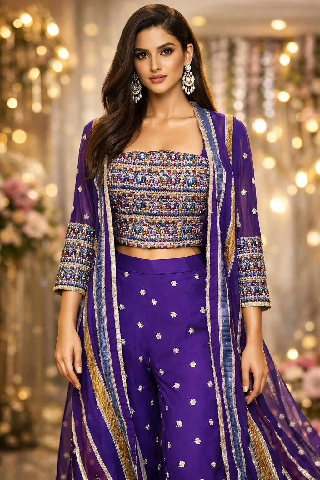 Royal Purple Embroidered Crop Top Sharara Set with Cape – Festive & Wedding Wear