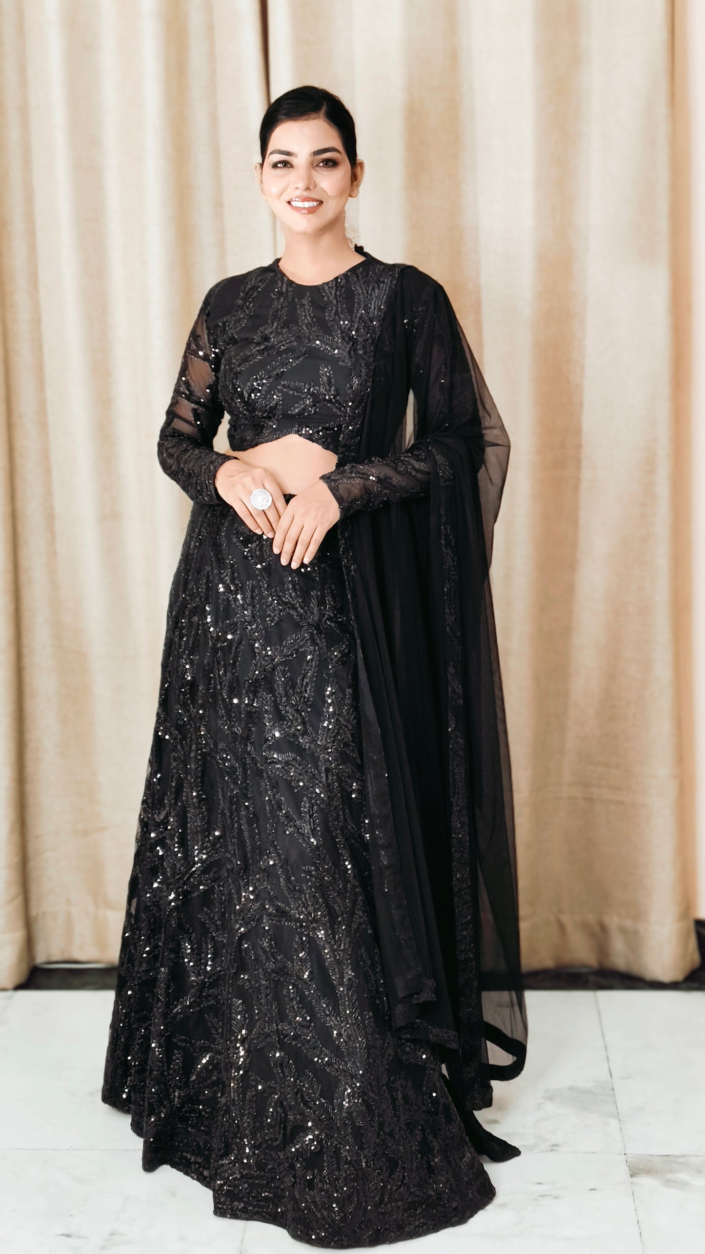 VISHINE Black Net Sequin Lehenga Set