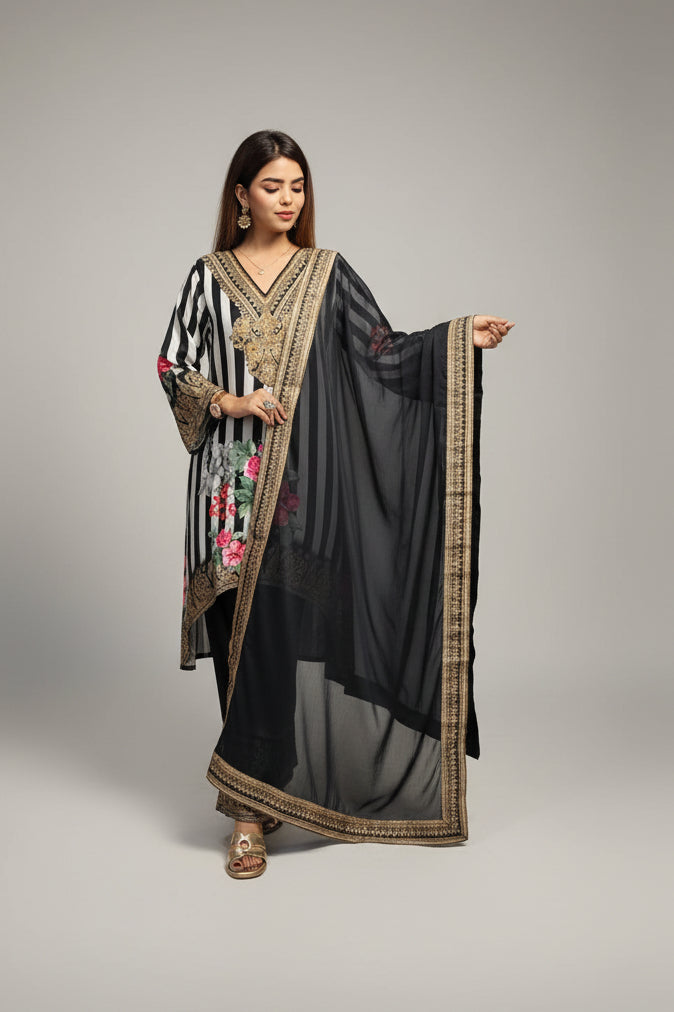 Black & White Pure Crepe Embroidered Designer Suit Set with Dupatta