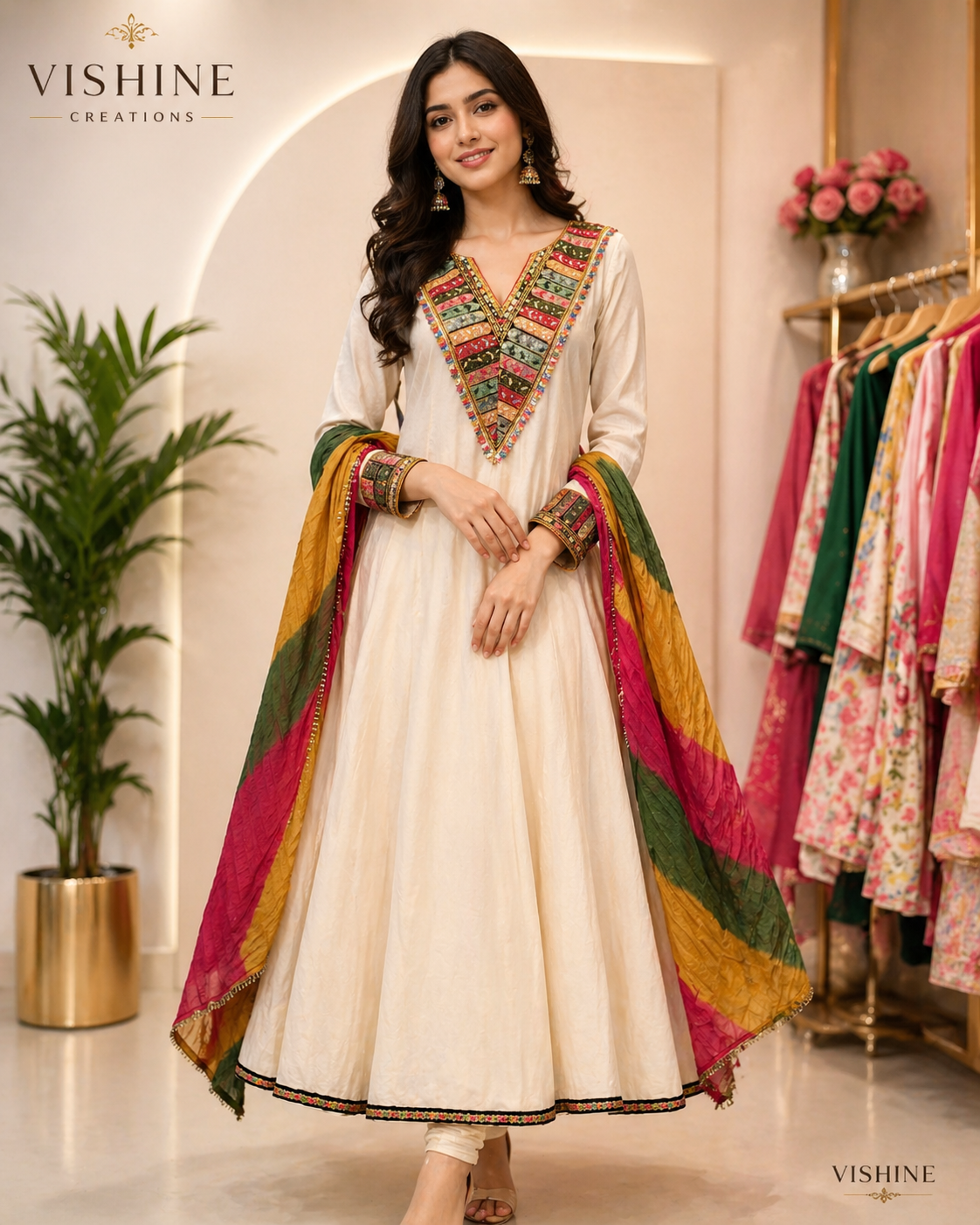 Cotton Mul Anarkali Suit with Handcrafted Embroidery & Multicolor Dupatta