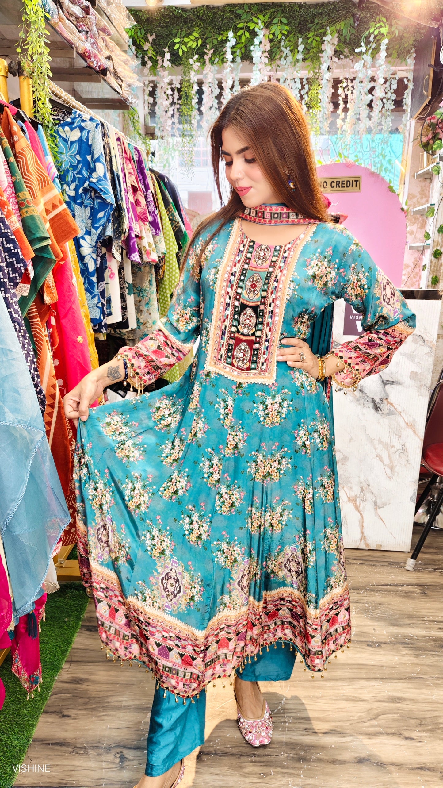 Teal Green Floral Printed Designer Suit with Embroidered Neckline – VISHINE Exclusive