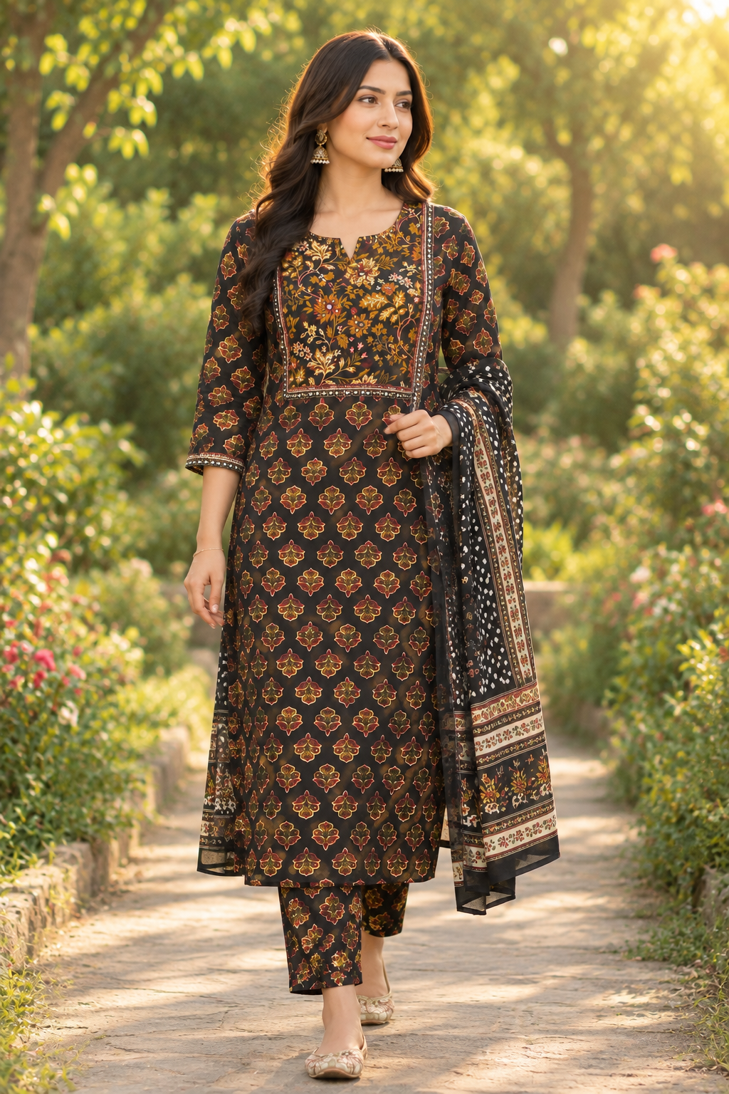 Black Block Print Cotton Kurta Set with Mirror Work Yoke and Dupatta