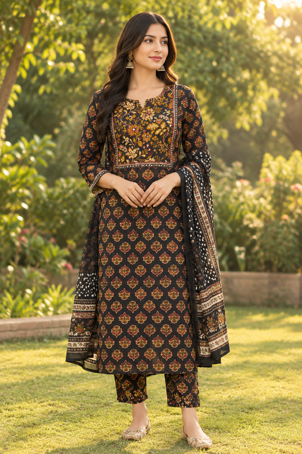 Black Block Print Cotton Kurta Set with Mirror Work Yoke and Dupatta