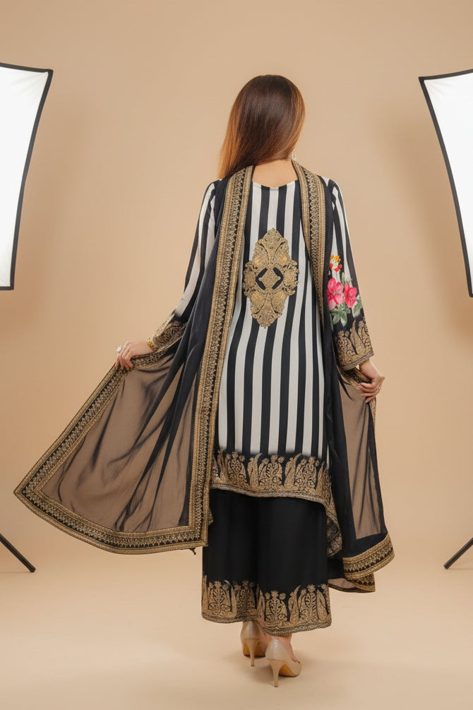 Black & White Pure Crepe Embroidered Designer Suit Set with Dupatta