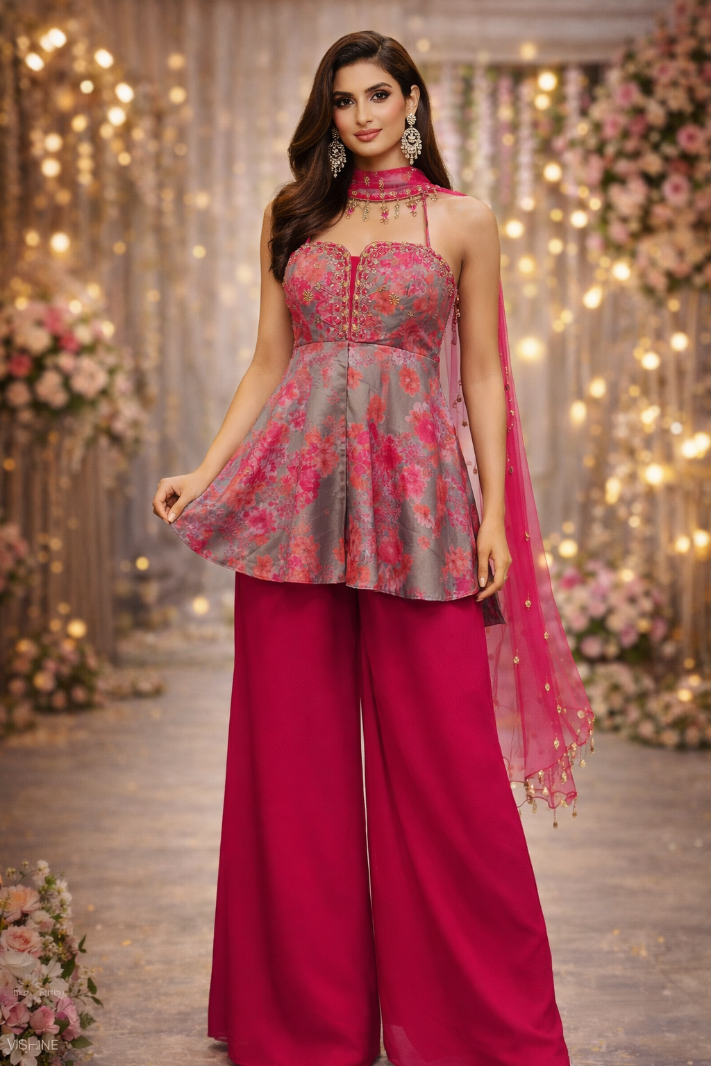 Rose Pink Floral Embroidered Peplum Top Palazzo Set with Choker Neck