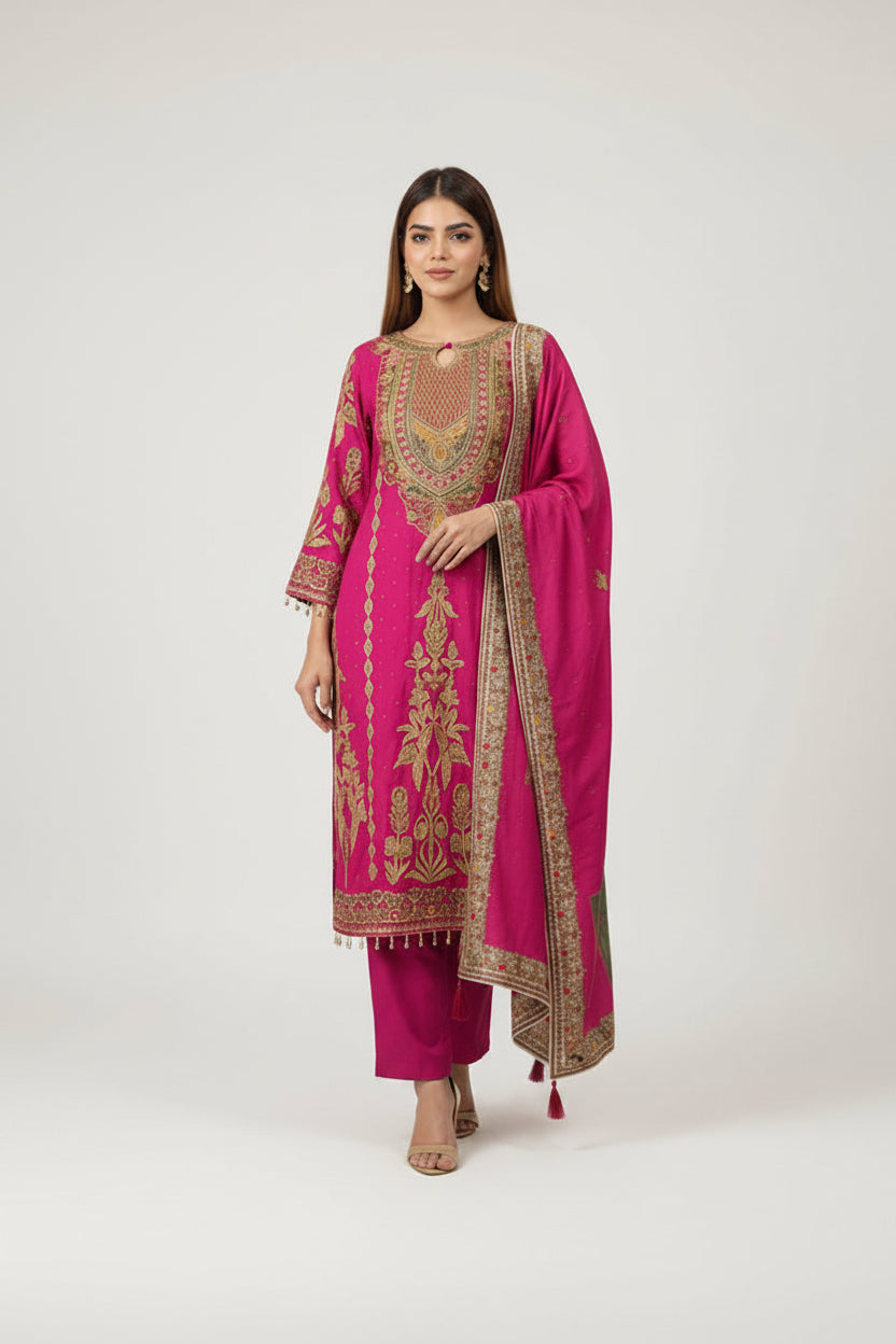 Magenta Silk Embroidered Kurta Set with Dupatta – Zari Work Salwar Suit