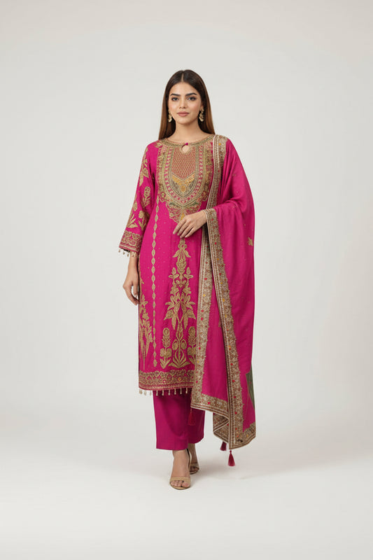 Magenta Silk Embroidered Kurta Set with Dupatta – Zari Work Salwar Suit