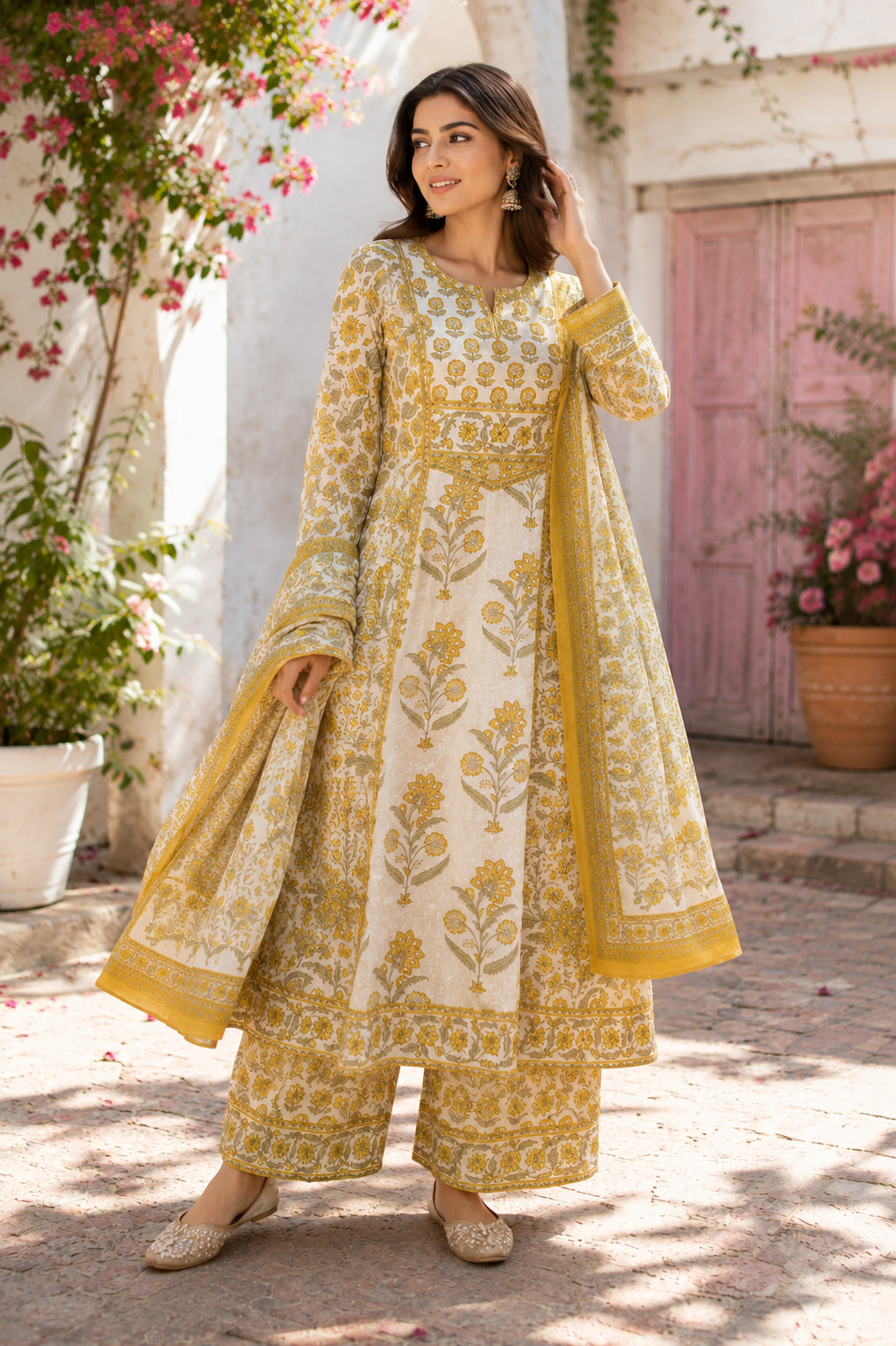 Mustard Floral Printed Cotton Suit Set with Dupatta & Palazzo