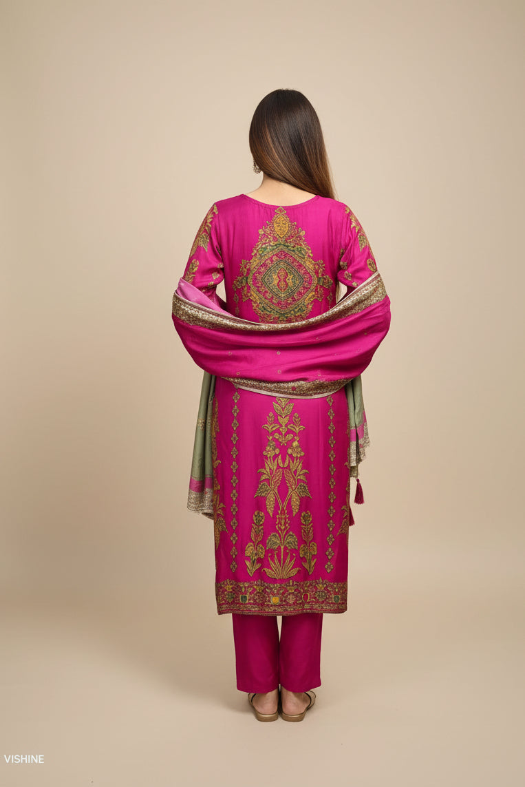 Magenta Silk Embroidered Kurta Set with Dupatta – Zari Work Salwar Suit