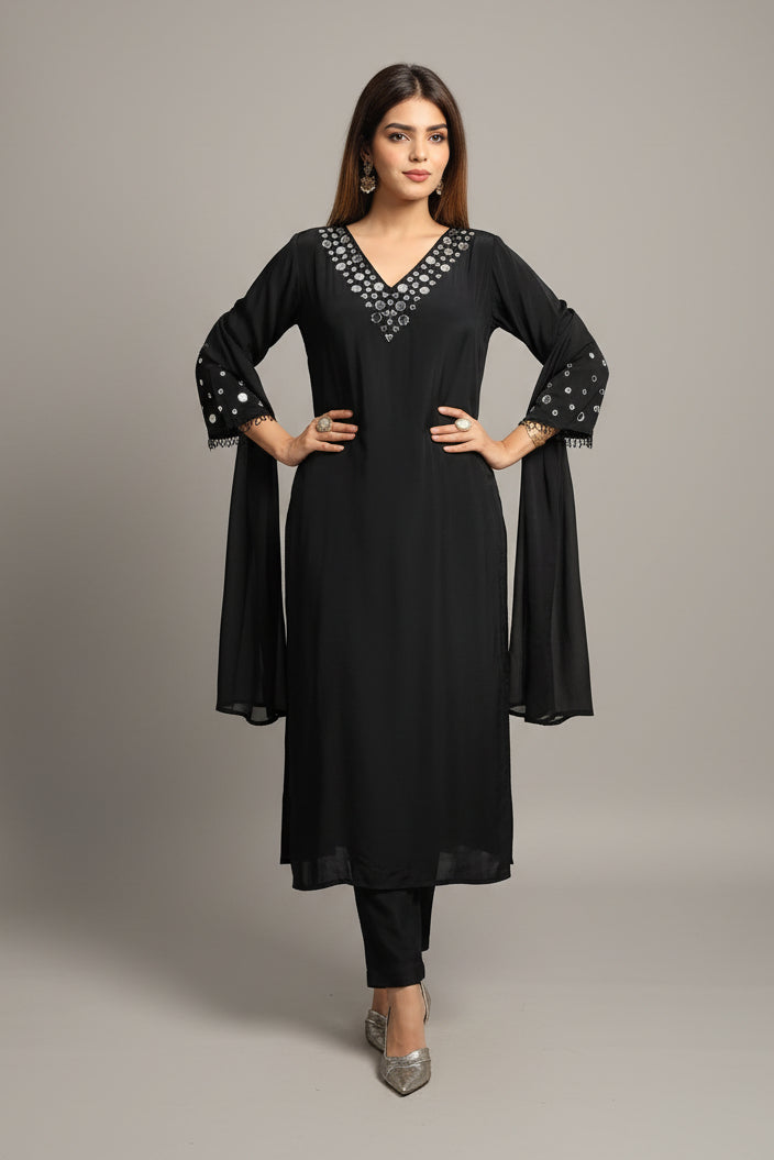 Black Pure Crepe Mirror Work Designer Suit Set