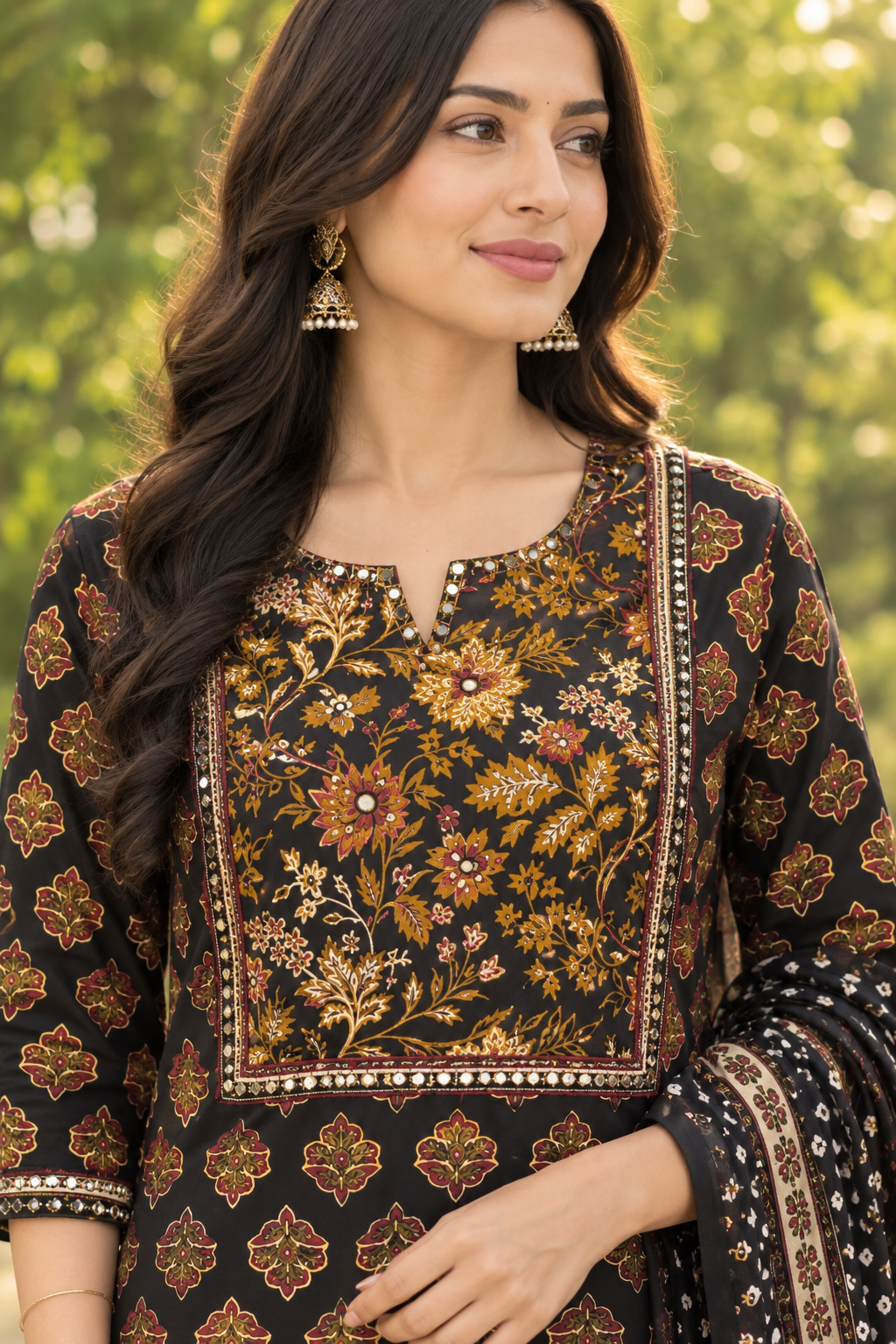Black Block Print Cotton Kurta Set with Mirror Work Yoke and Dupatta