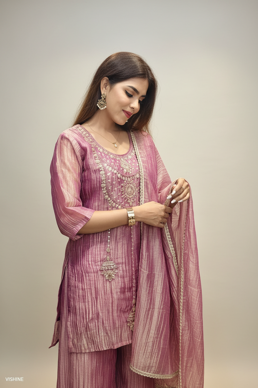 Elegant Rose Pink Embroided Suit with Palazzo