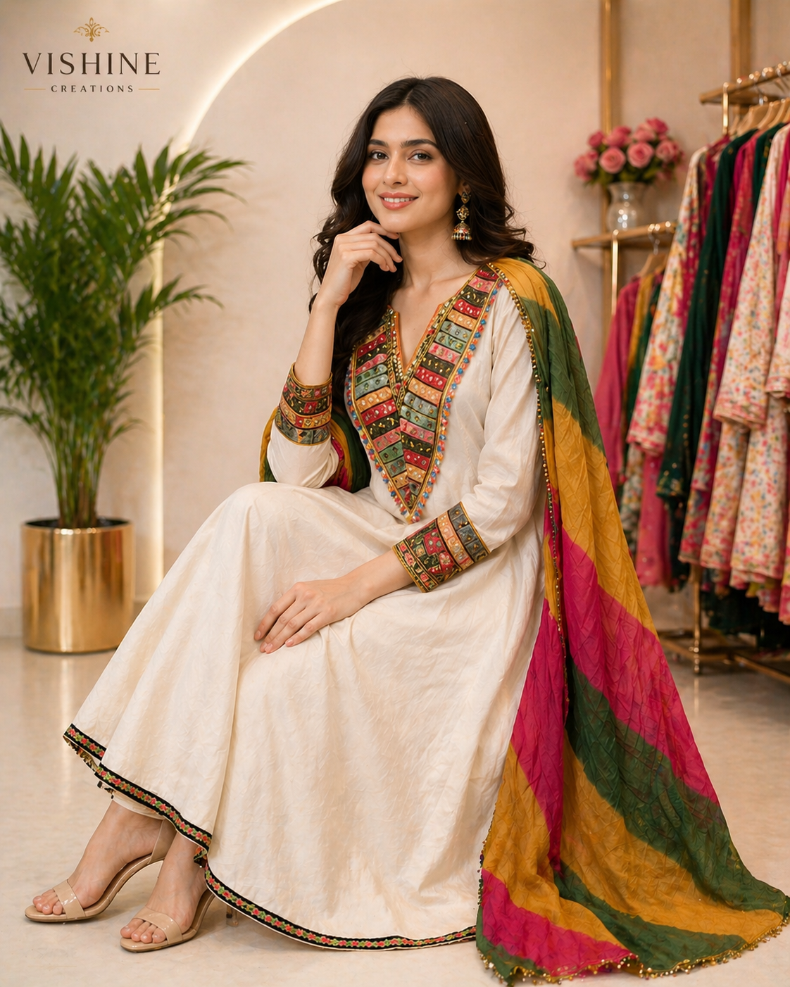 Cotton Mul Anarkali Suit with Handcrafted Embroidery & Multicolor Dupatta