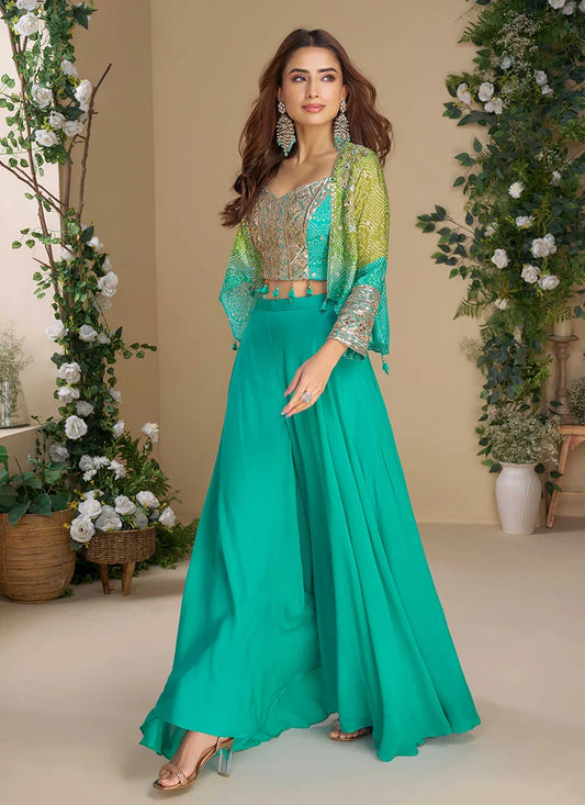 Emerald Green Embroidered Palazzo Set with Cape