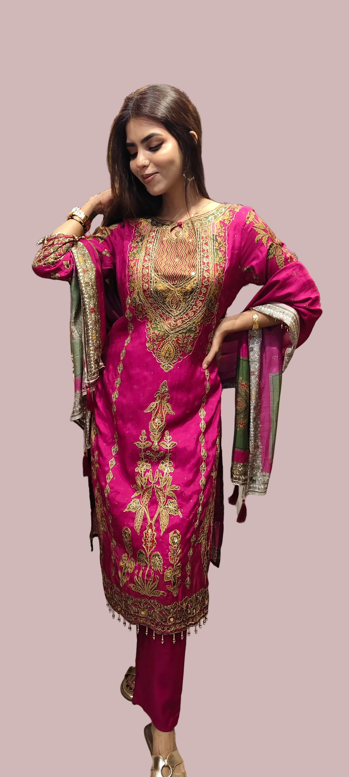 Magenta Silk Embroidered Kurta Set with Dupatta – Zari Work Salwar Suit