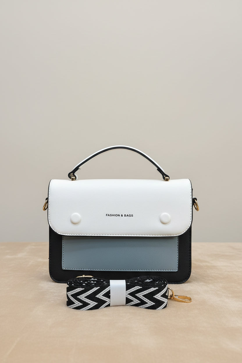 Black & White Colorblock Handbag with Zigzag Strap | Top Handle Crossbody Bag