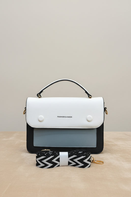 Black & White Colorblock Handbag with Zigzag Strap | Top Handle Crossbody Bag