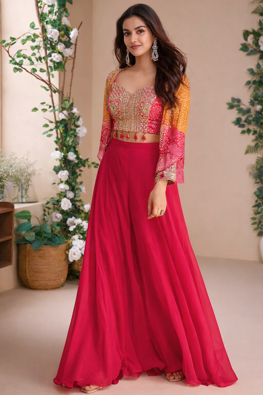 Pink Embroidered Indo-Western Palazzo Set with Jacket