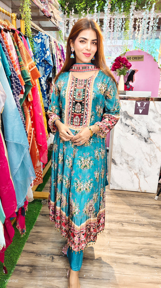 Teal Green Floral Printed Designer Suit with Embroidered Neckline – VISHINE Exclusive