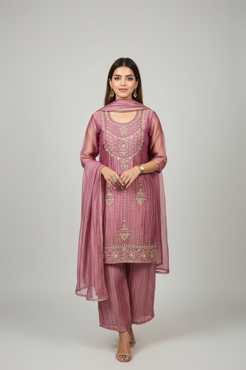 Elegant Rose Pink Embroided Suit with Palazzo