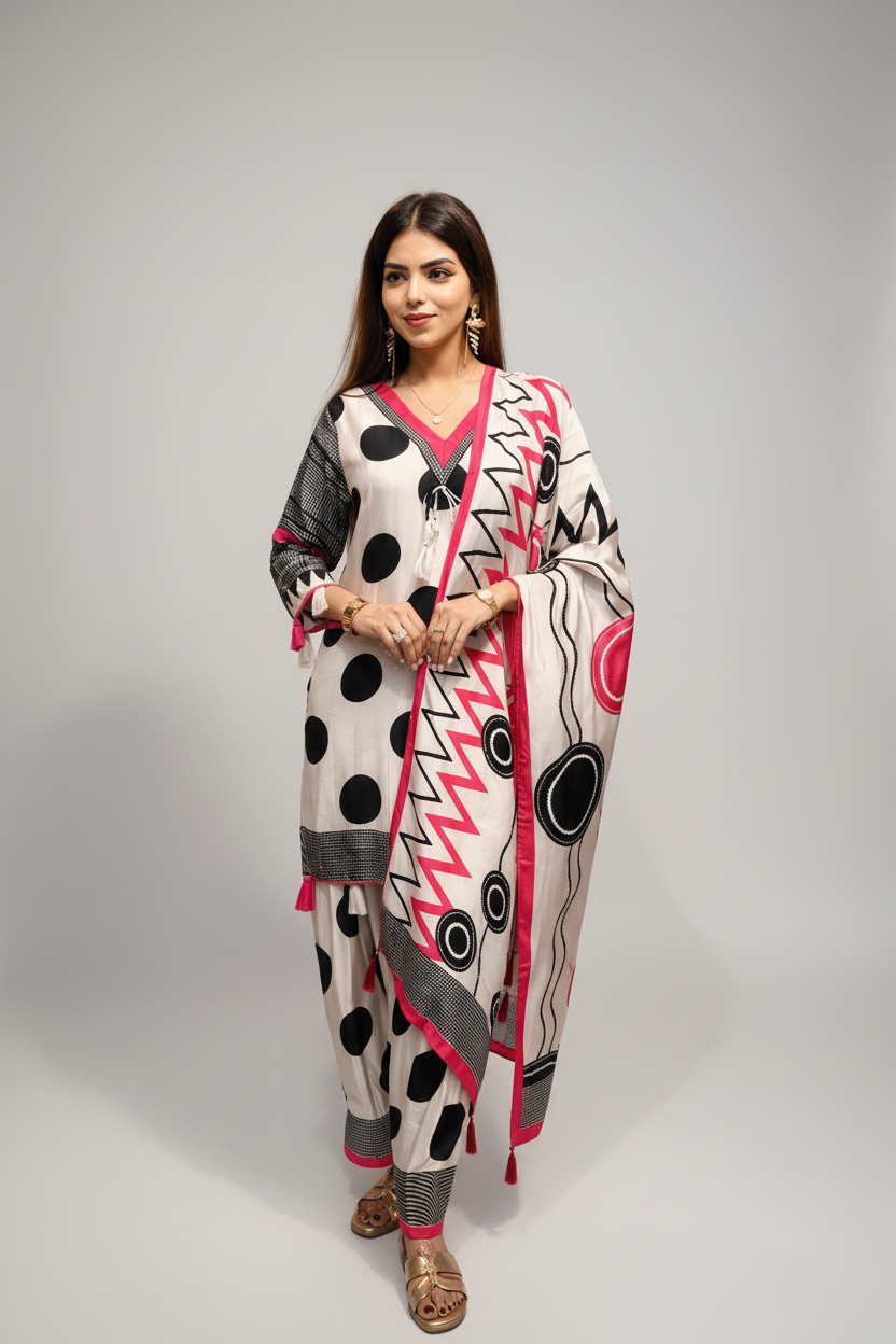 Pure Crepe Printed 3-Piece Suit Set with Designer Dupatta