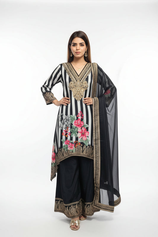 Black & White Pure Crepe Embroidered Designer Suit Set with Dupatta