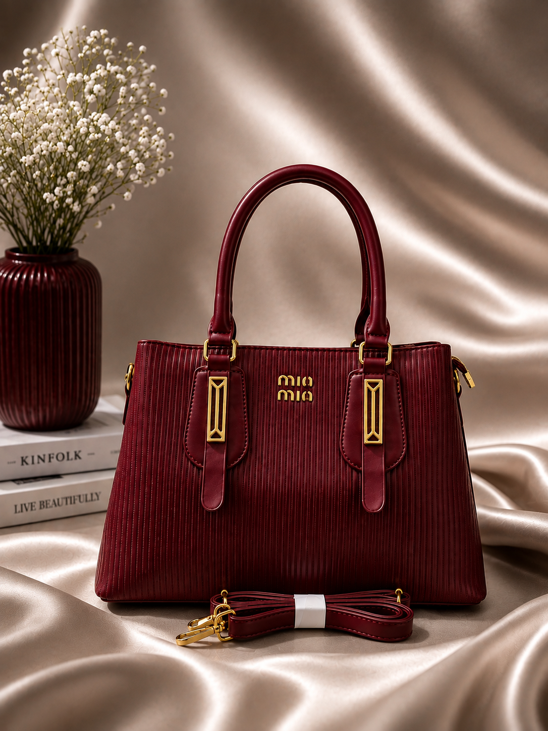 Textured Vegan Leather Structured Handbag with Gold-Tone Hardware & Detachable Sling Strap